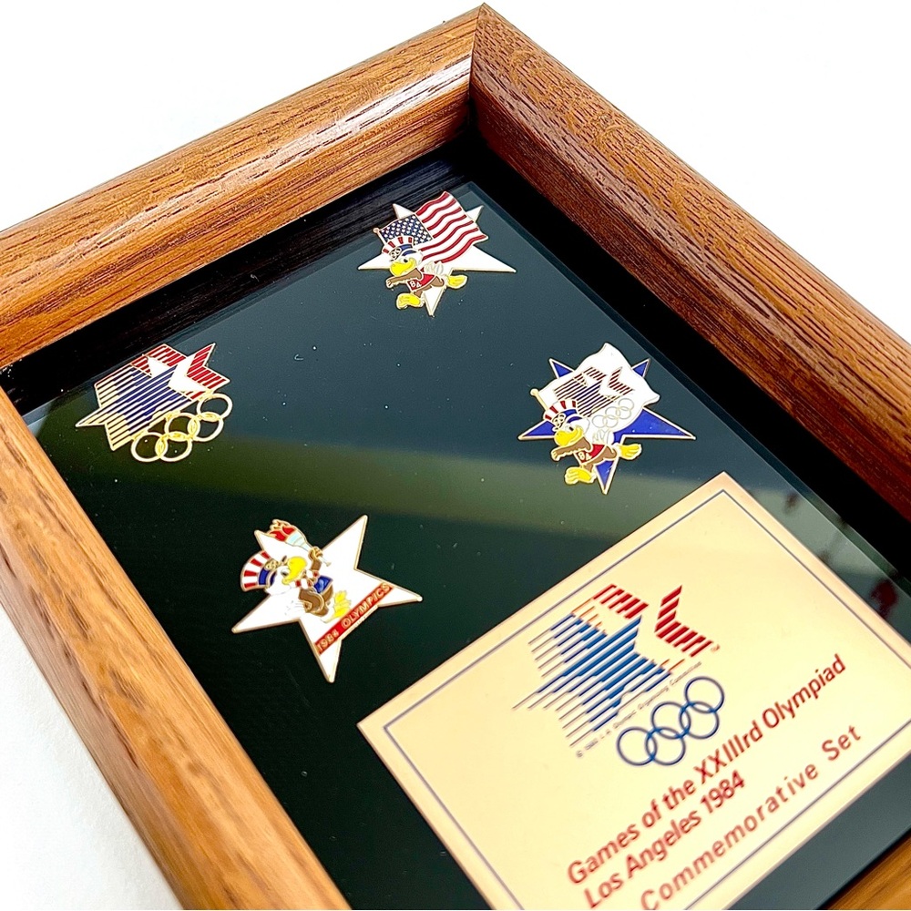 1984 Summer Olympics Los Angeles Commemorative Pin Set Wood Frame